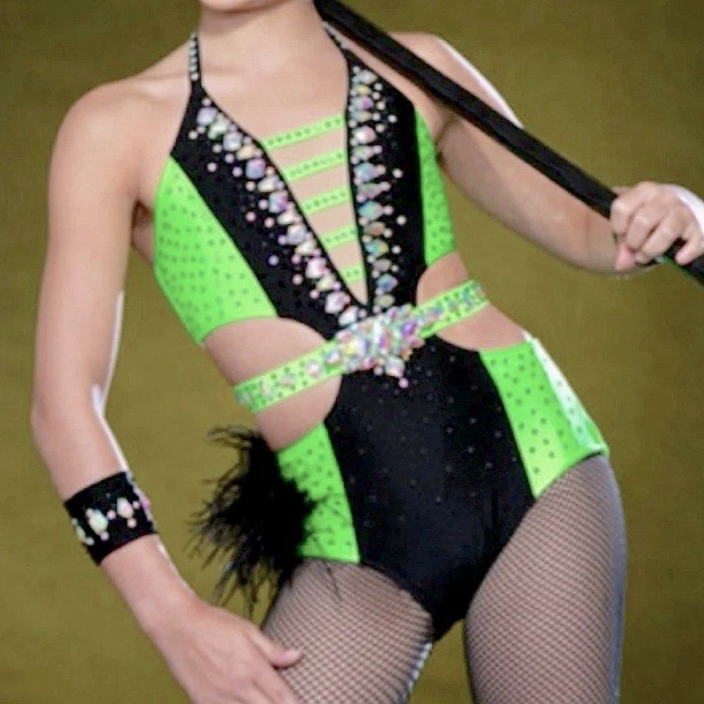 Glamour solo dance costume neon green Feather rhinestone embellished leotard XLC
